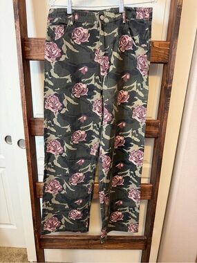 Pink Lily Olive Camo Pants with Pink Rose Print